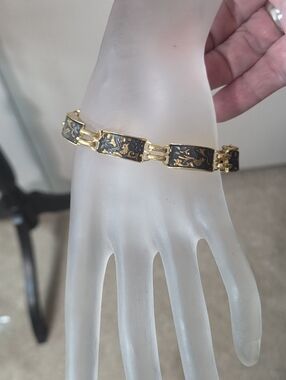 vintage spanish damascene gold tone link bracelet bird flower black enamel 7.5in